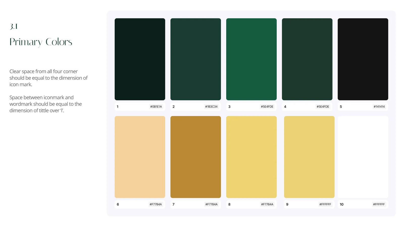 The primary colour palette: emerald greens, imperial golds and neutrals