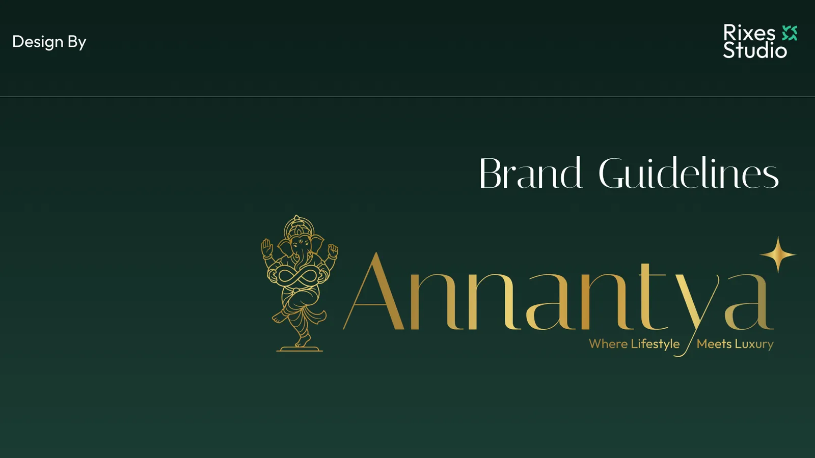Annantya brand guidelines cover: the logo in gold on deep emerald green