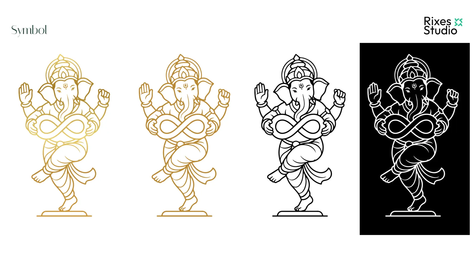 The symbol in gold, outline, black and reversed versions