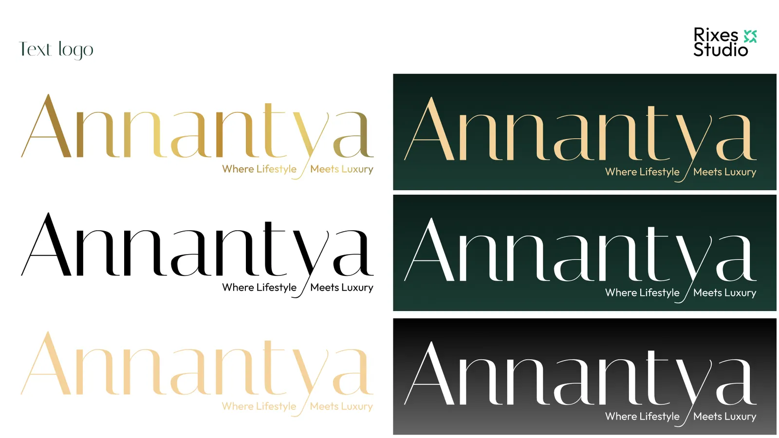 The text logo in light, dark, gold and reversed colourways